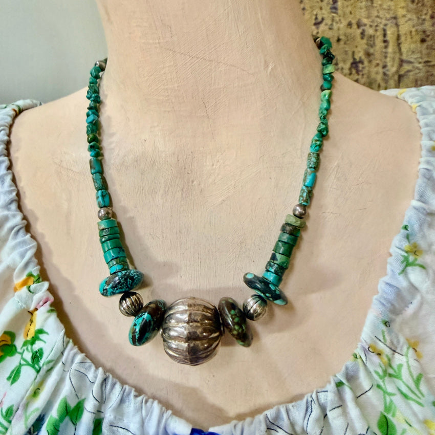 Vintage Sterling SIlver & Turquoise Beaded Necklace necklace