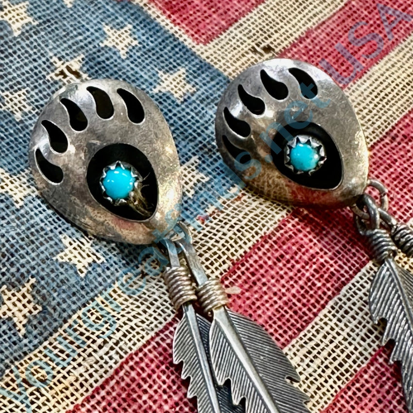 Vintage Sterling Silver Turquoise Bear Track Pierced Earrings