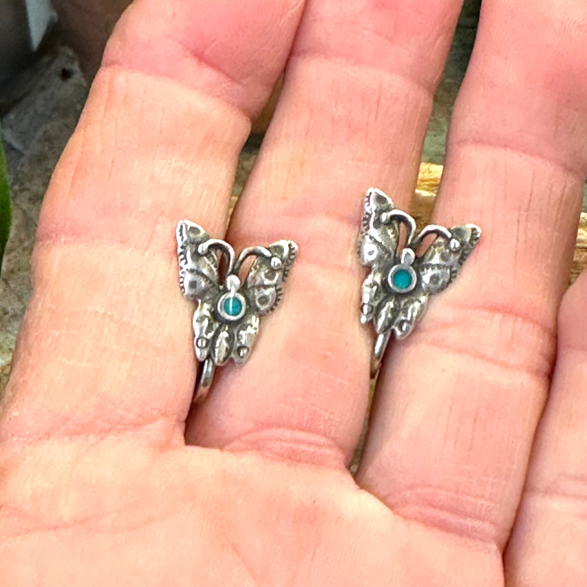 Vintage Sterling Silver &amp; Turquoise Butterfly Earrings Screw Back