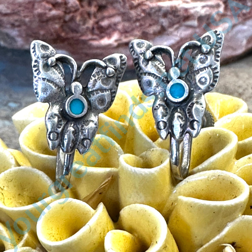 Vintage Sterling Silver & Turquoise Butterfly Earrings Screw Back