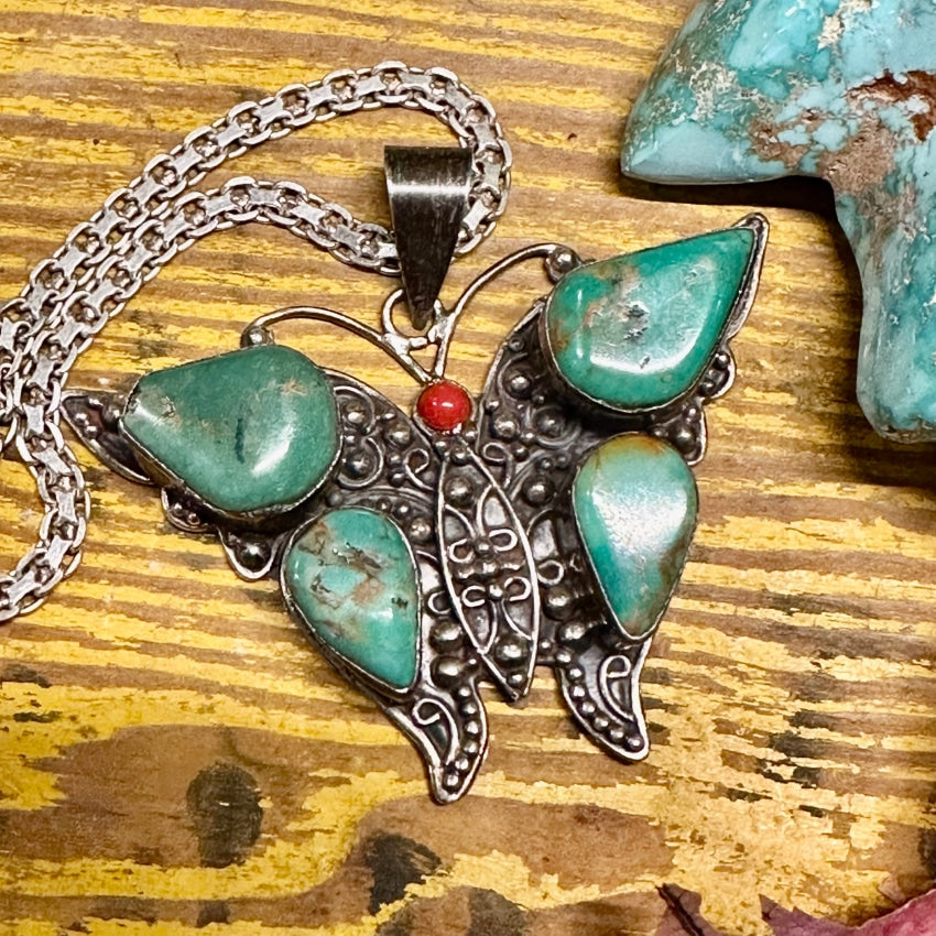 Vintage Sterling Silver &amp; Turquoise Butterfly Necklace