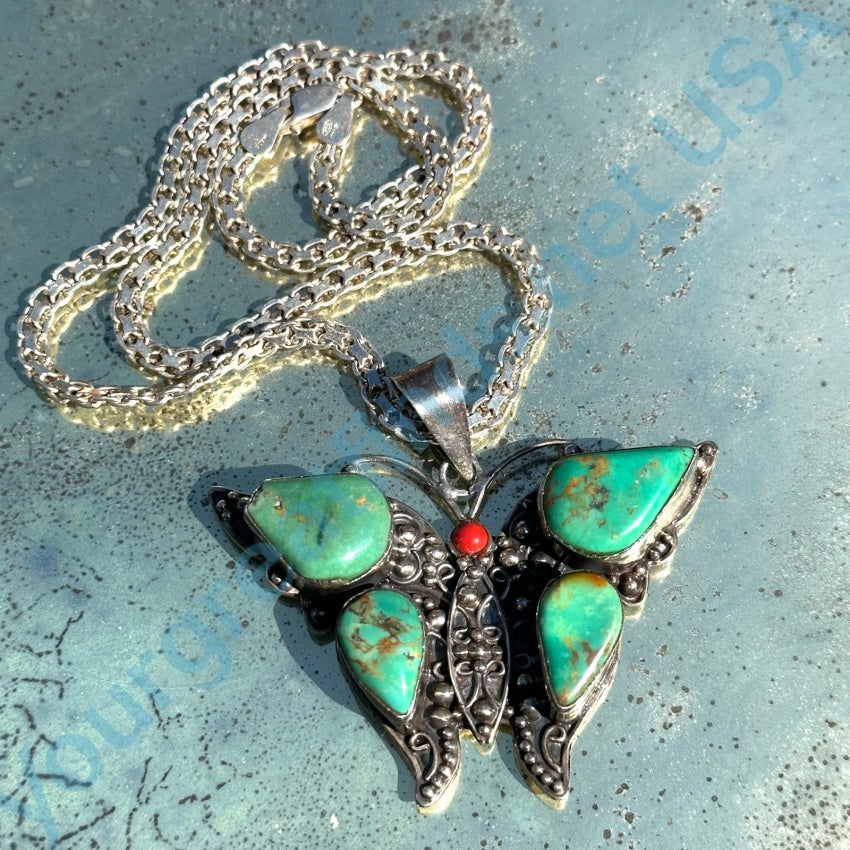 Vintage Sterling Silver & Turquoise Butterfly Necklace