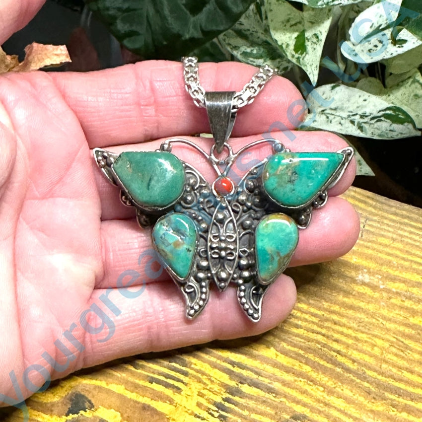 Turquoise Butterfly Necklace; 925 Filigree & popular Turquoise Butterfly w 925 Singapore Chain; Sterling Turquoise Butterfly Pendant, Infinity Close