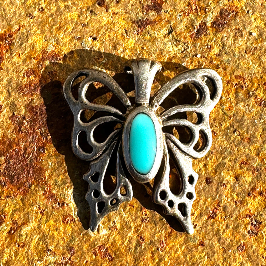 Vintage Sterling Silver & Turquoise Butterfly Pendant Pendant