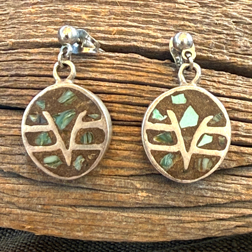 Vintage Sterling Silver Turquoise Chip Mosaic Pierced Post Earrings earrings