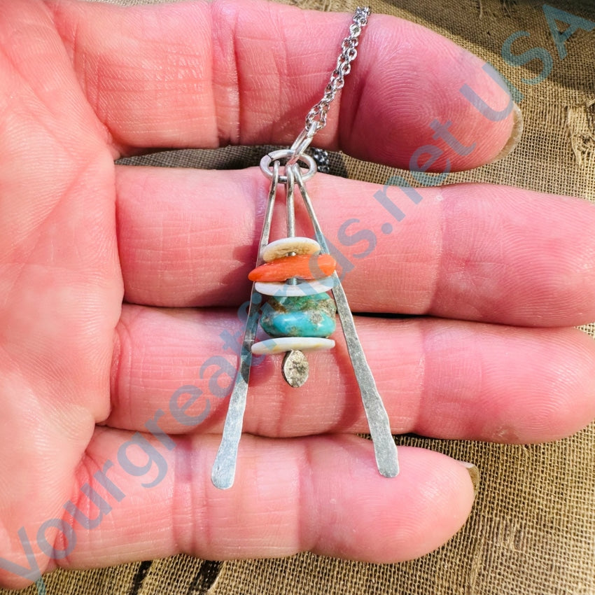Vintage Sterling Silver Turquoise Dangle Pendant Necklace