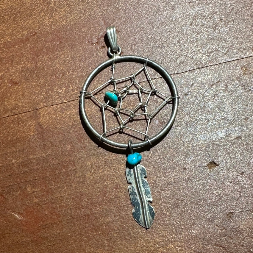 Vintage Sterling Silver Turquoise Dreamcatcher Pendant