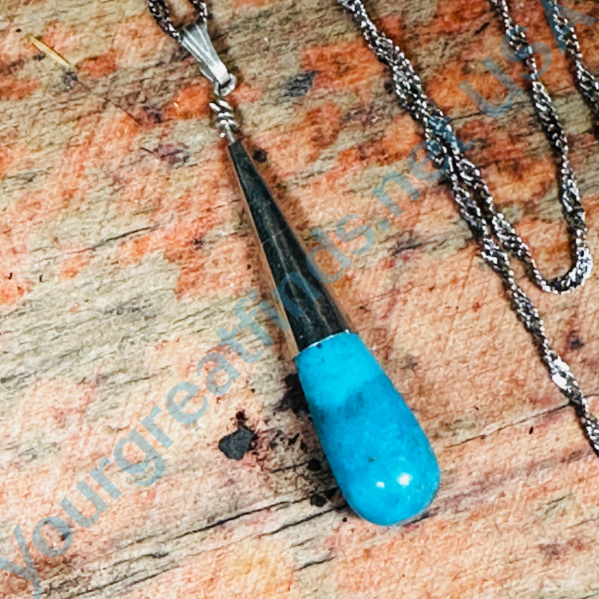 Vintage Sterling Silver & Turquoise Drop Pendant Chain Necklace Necklace