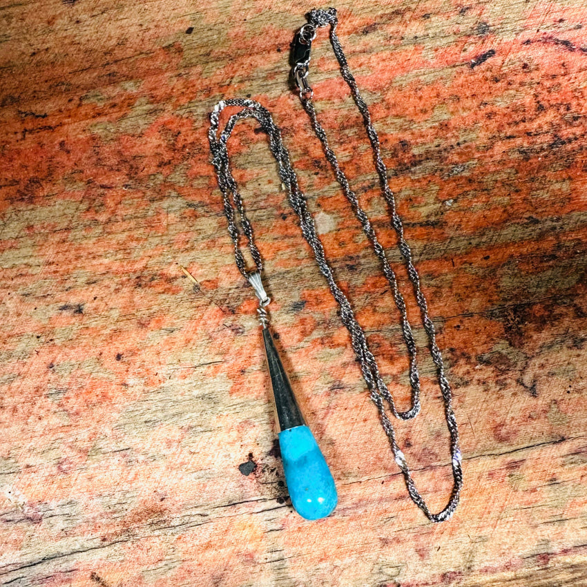 Vintage Sterling Silver & Turquoise Drop Pendant Chain Necklace Necklace