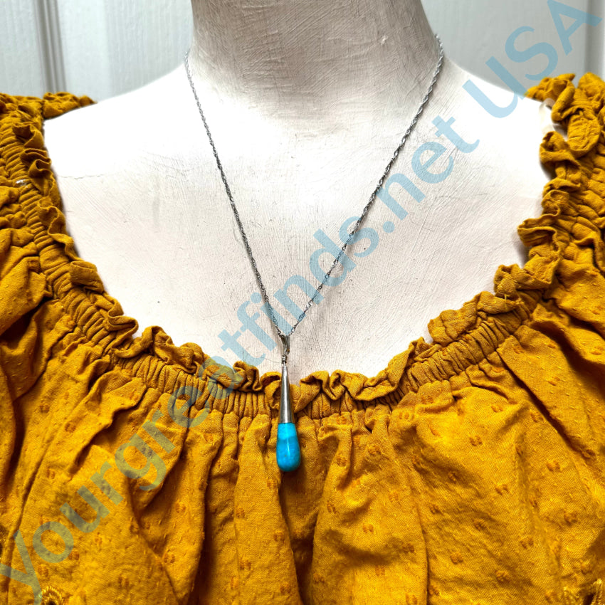 Vintage Sterling Silver & Turquoise Drop Pendant Chain Necklace Necklace