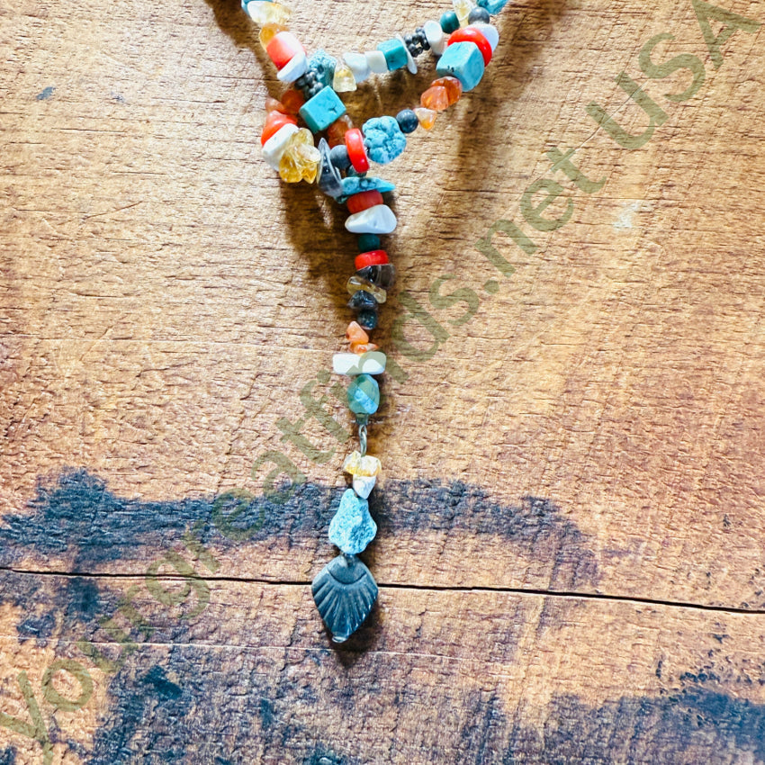 Vintage Sterling Silver Turquoise Gemstone Bead Lariat Necklace Necklace