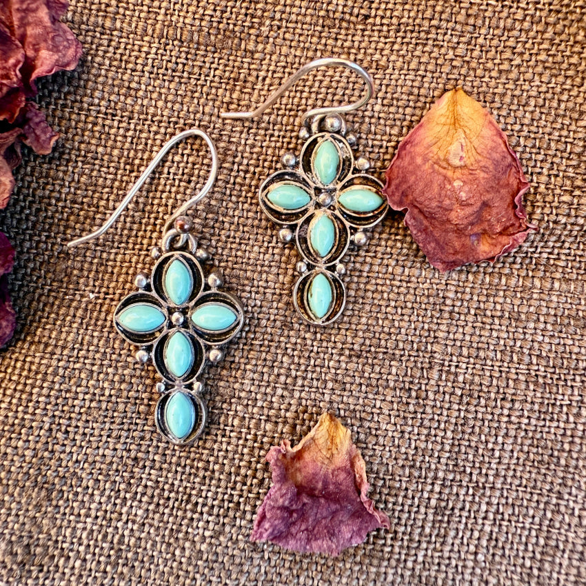 Vintage Sterling Silver & Turquoise Holy Cross Pierced Earrings earrings