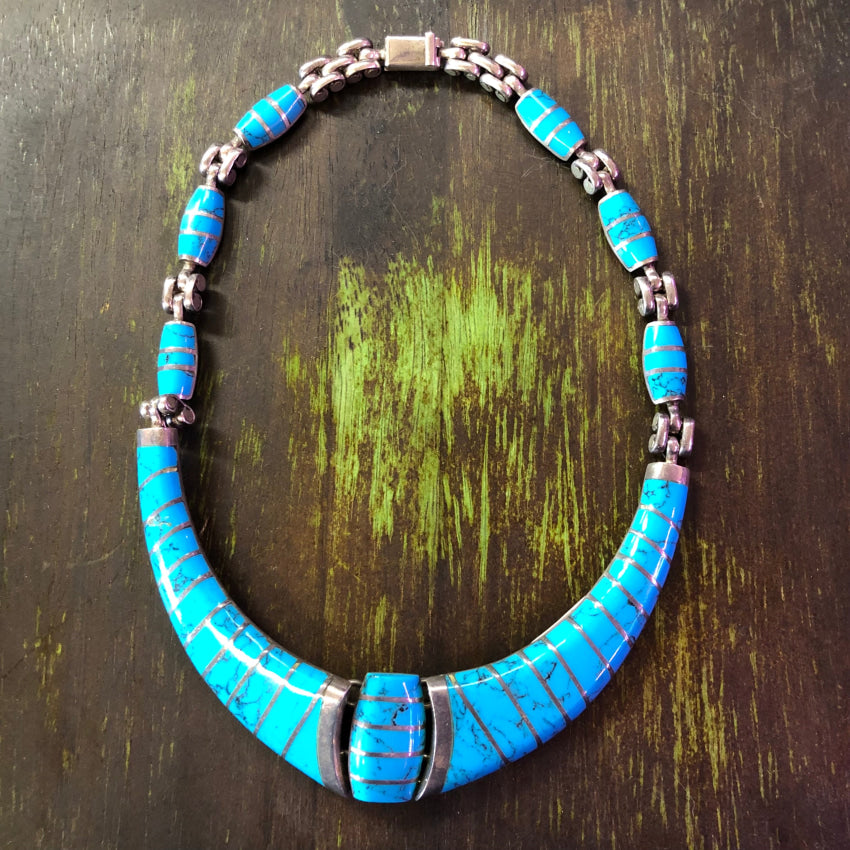 Vintage Sterling Silver & Turquoise Inlay Collar Necklace Taxco Mexico Necklace