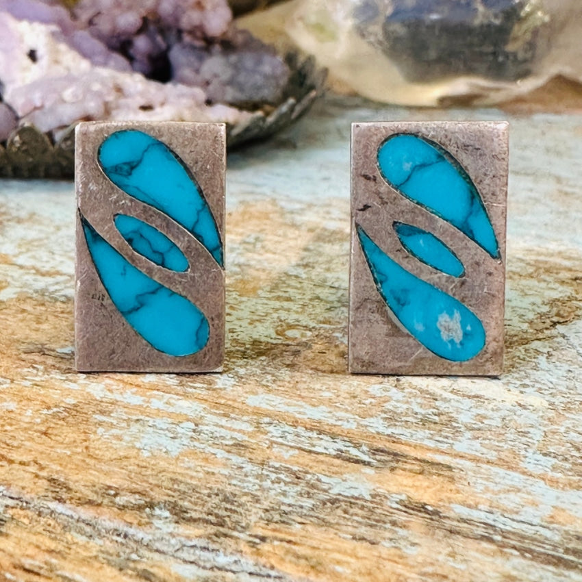 Vintage Sterling Silver Turquoise Inlay Cuff Links