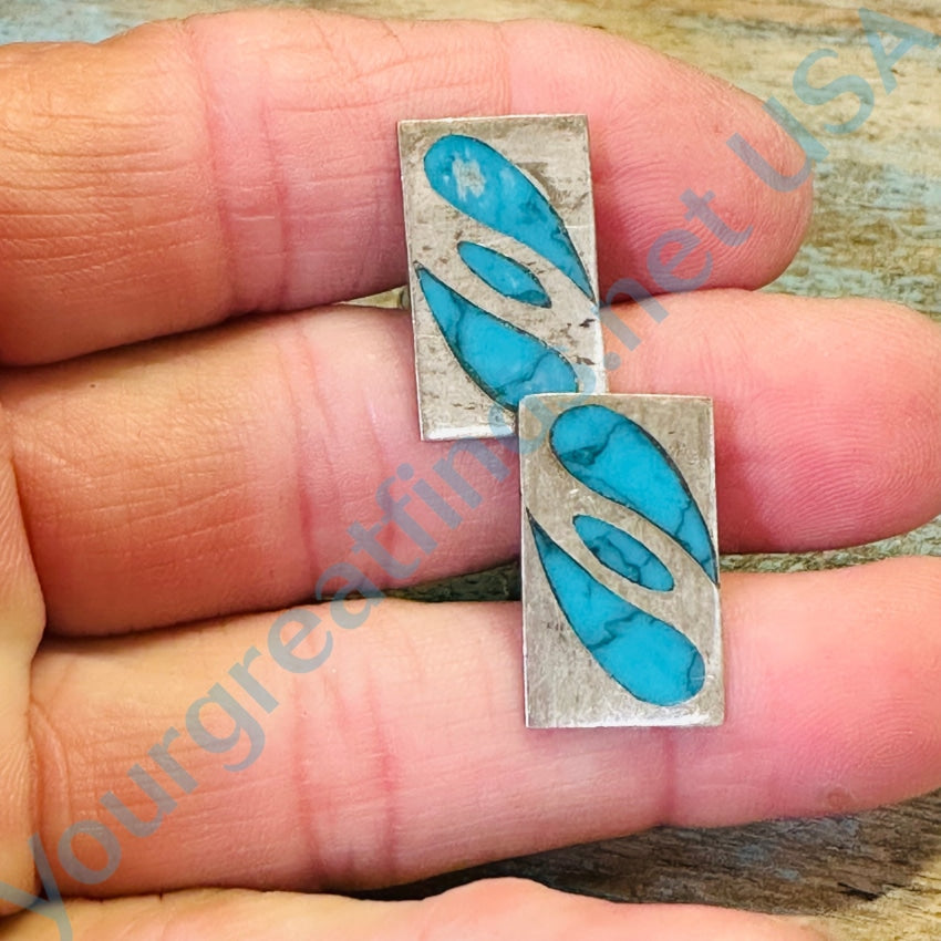 Vintage Sterling Silver Turquoise Inlay Cuff Links