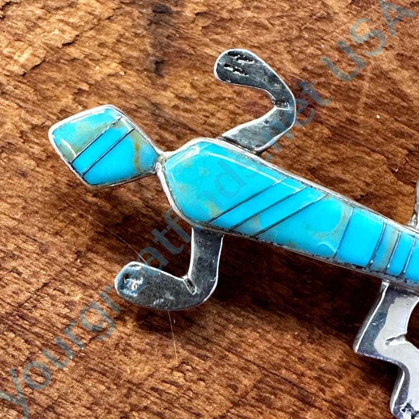 Vintage Sterling Silver & Turquoise Inlay Lizard Pendant Pin Pin / Brooch