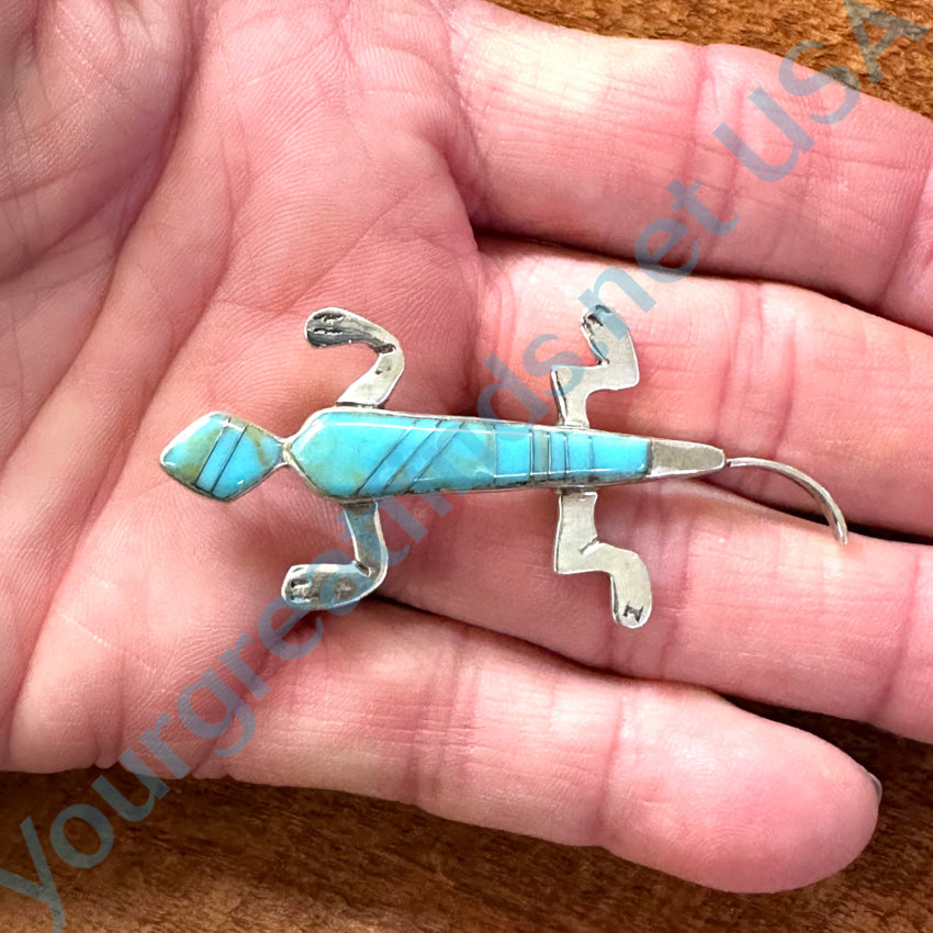 Vintage Sterling Silver & Turquoise Inlay Lizard Pendant Pin Pin / Brooch