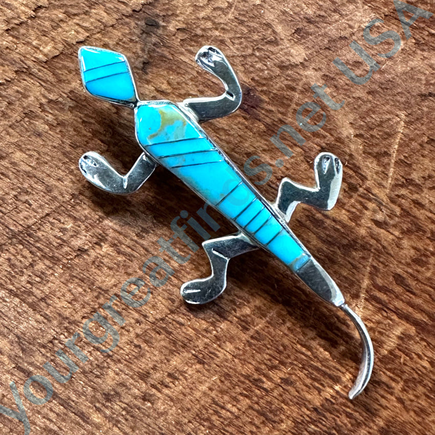 Vintage Sterling Silver & Turquoise Inlay Lizard Pendant Pin Pin / Brooch