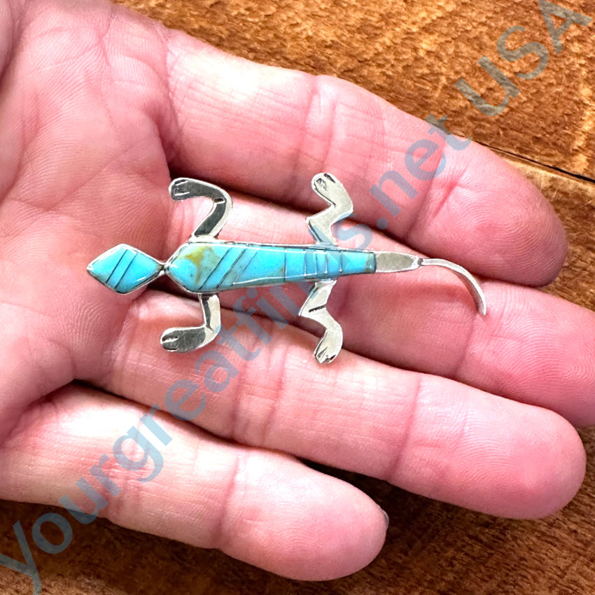 Vintage Sterling Silver & Turquoise Inlay Lizard Pendant Pin Pin / Brooch