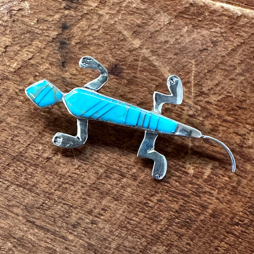 Vintage Sterling Silver & Turquoise Inlay Lizard Pendant Pin Pin / Brooch