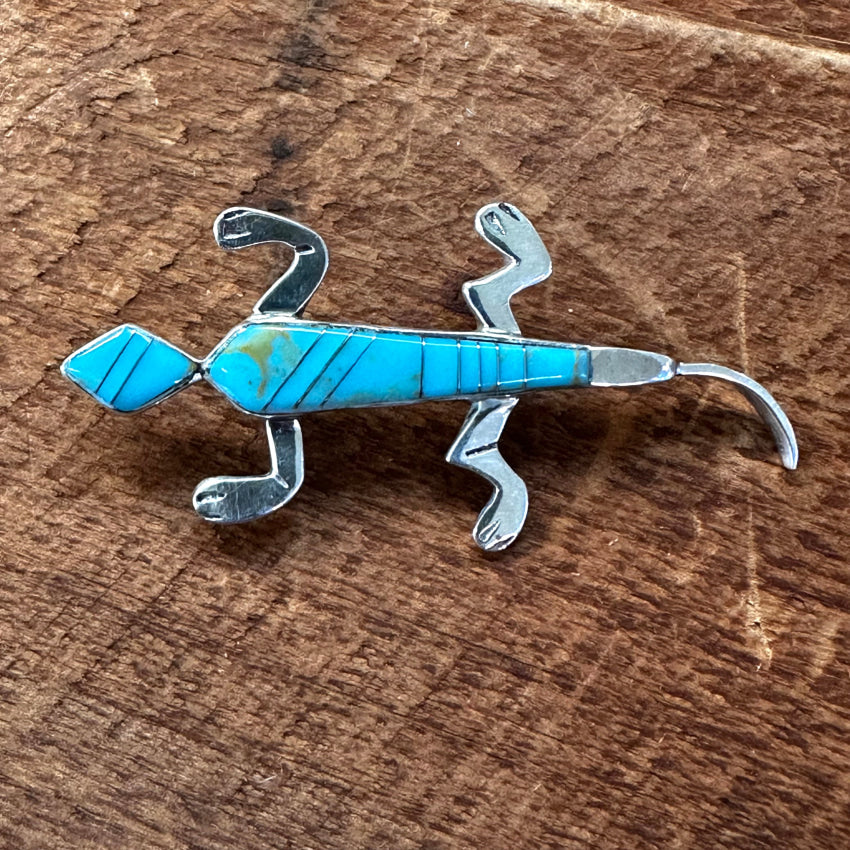 Vintage Sterling Silver & Turquoise Inlay Lizard Pendant Pin Pin / Brooch