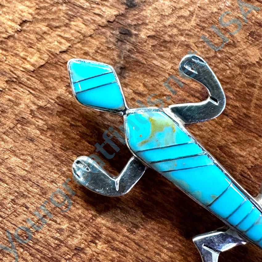 Vintage Sterling Silver & Turquoise Inlay Lizard Pendant Pin Pin / Brooch