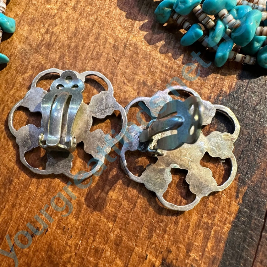 Vintage Sterling Silver Turquoise Inlay Snowflake Earrings Clip