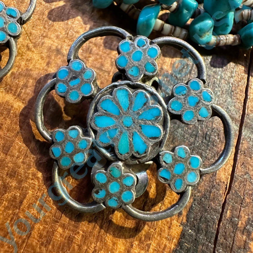 Vintage Sterling Silver Turquoise Inlay Snowflake Earrings Clip