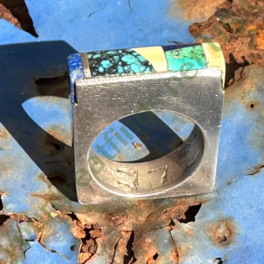 Vintage Sterling Silver Turquoise Inlay Square Ring Navajo Larry Castillo 7.5