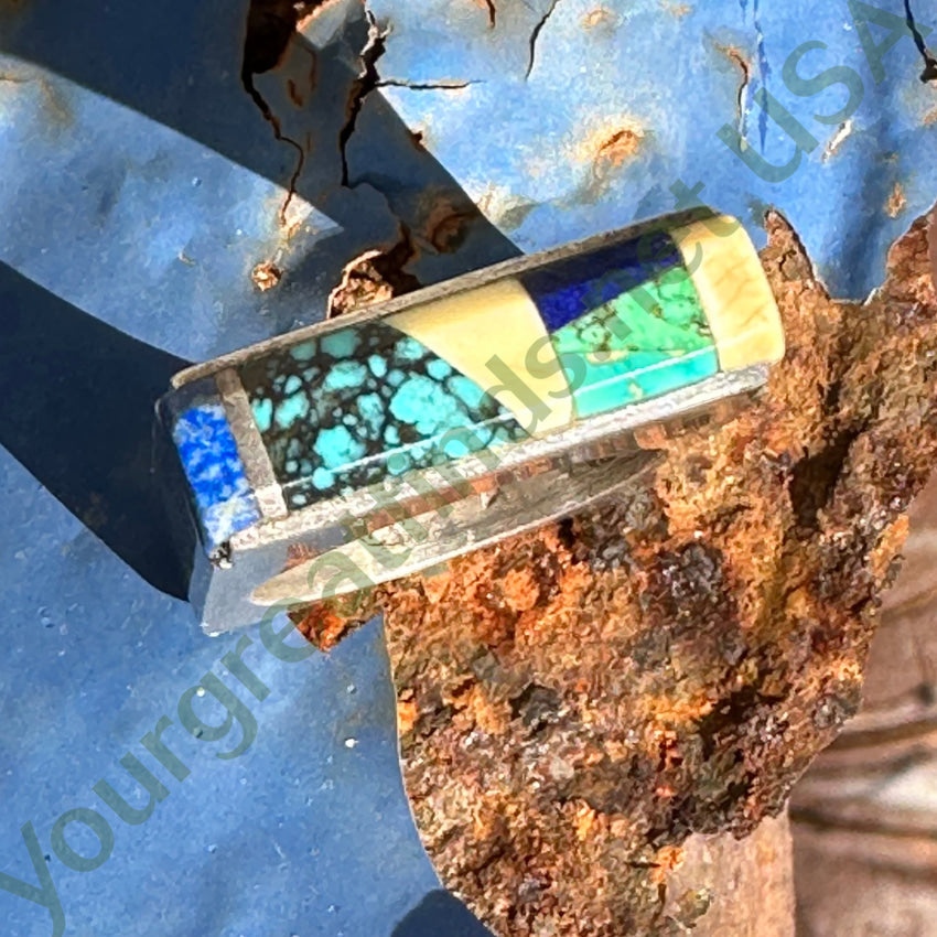 Vintage Sterling Silver Turquoise Inlay Square Ring Navajo Larry Castillo 7.5