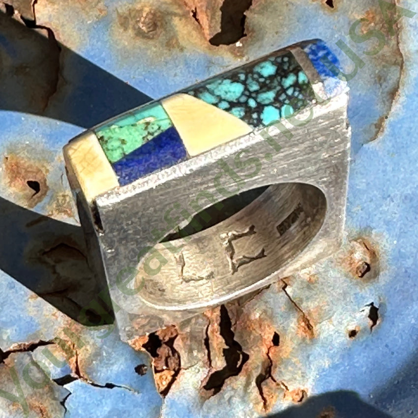 Vintage Sterling Silver Turquoise Inlay Square Ring Navajo Larry Castillo 7.5