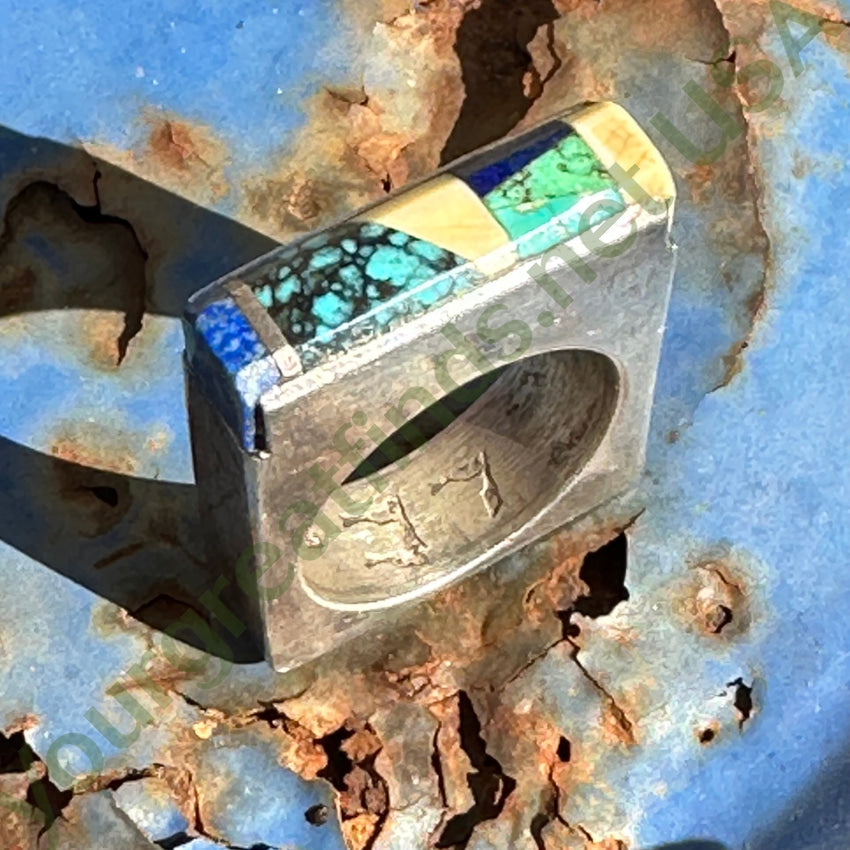 Vintage Sterling Silver Turquoise Inlay Square Ring Navajo Larry Castillo 7.5