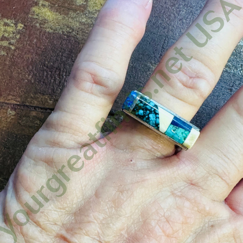 Vintage Sterling Silver Turquoise Inlay Square Ring Navajo Larry Castillo 7.5