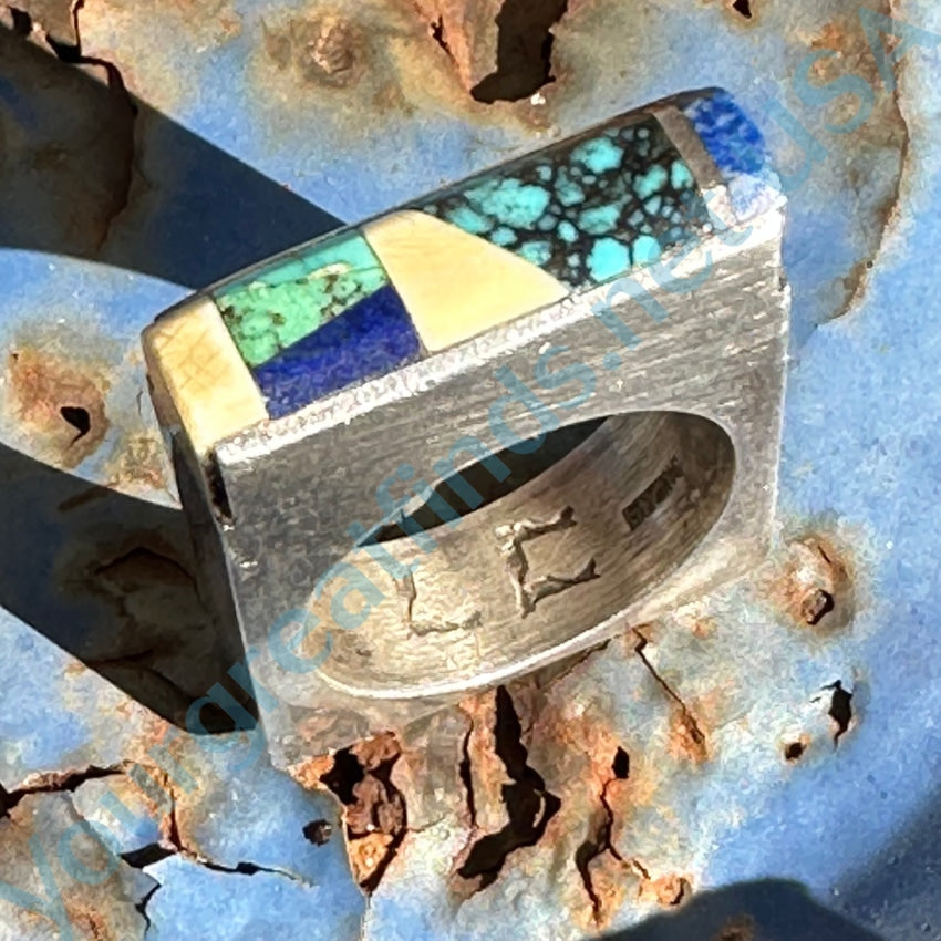Vintage Sterling Silver Turquoise Inlay Square Ring Navajo Larry Castillo 7.5