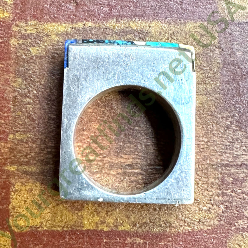 Vintage Sterling Silver Turquoise Inlay Square Ring Navajo Larry Castillo 7.5