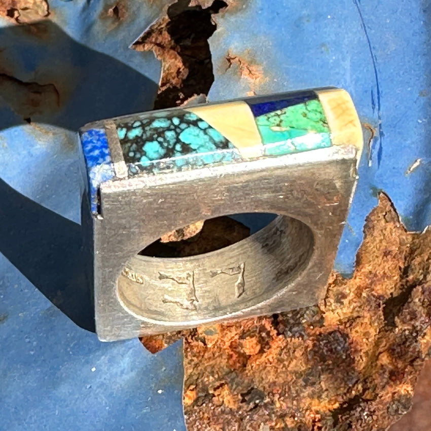 Vintage Sterling Silver Turquoise Inlay Square Ring Navajo Larry Castillo 7.5
