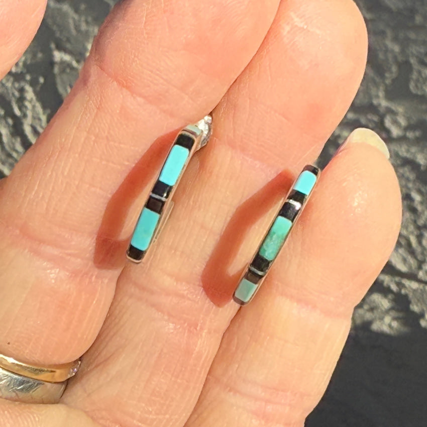 Vintage Sterling Silver Turquoise Jet Inlay Hoop Earrings Post Pierced Earrings