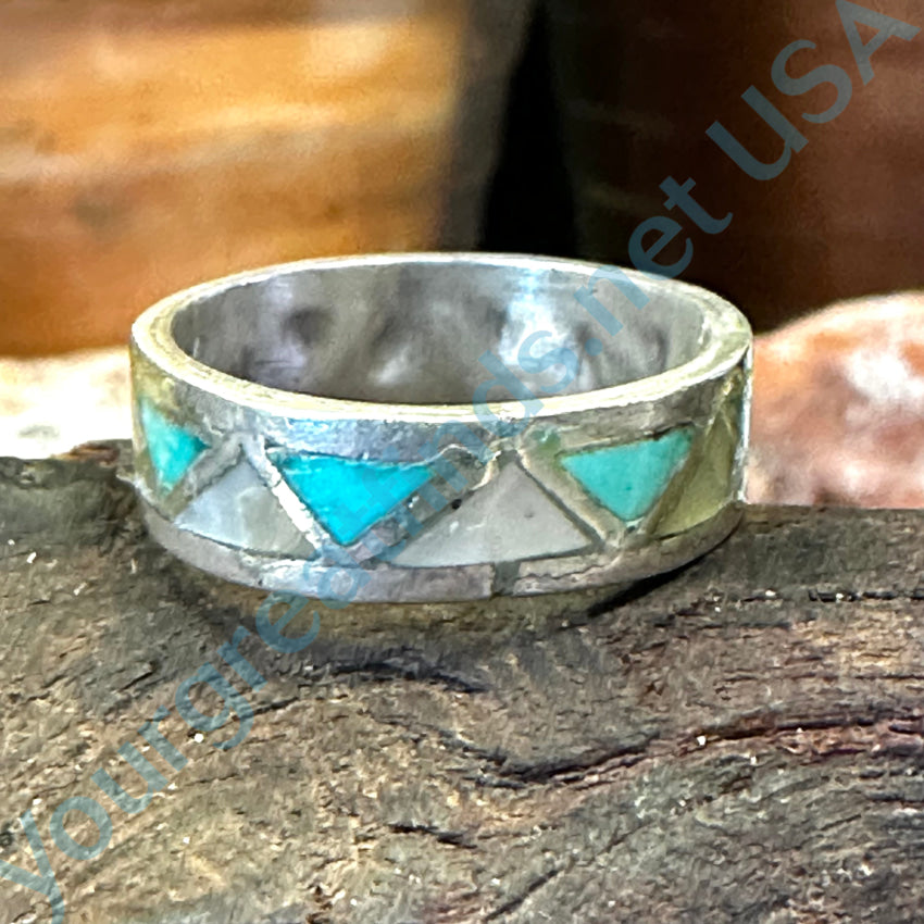 Vintage Sterling Silver Turquoise Mother Of Pearl Inlay Band Ring Size 8