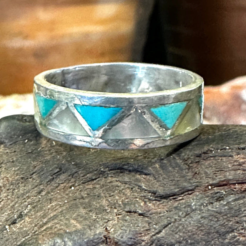 Vintage Sterling Silver Turquoise Mother Of Pearl Inlay Band Ring Size 8