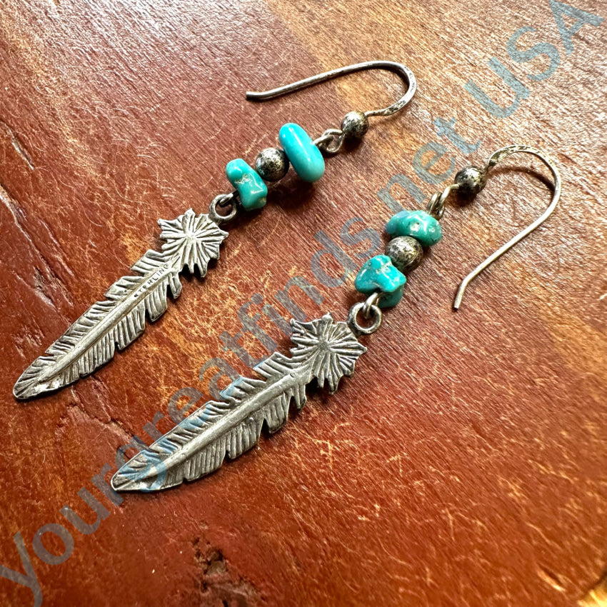 Vintage Sterling Silver Turquoise One Feather Pierced Earrings