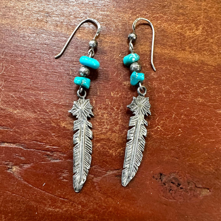 Vintage Sterling Silver Turquoise One Feather Pierced Earrings