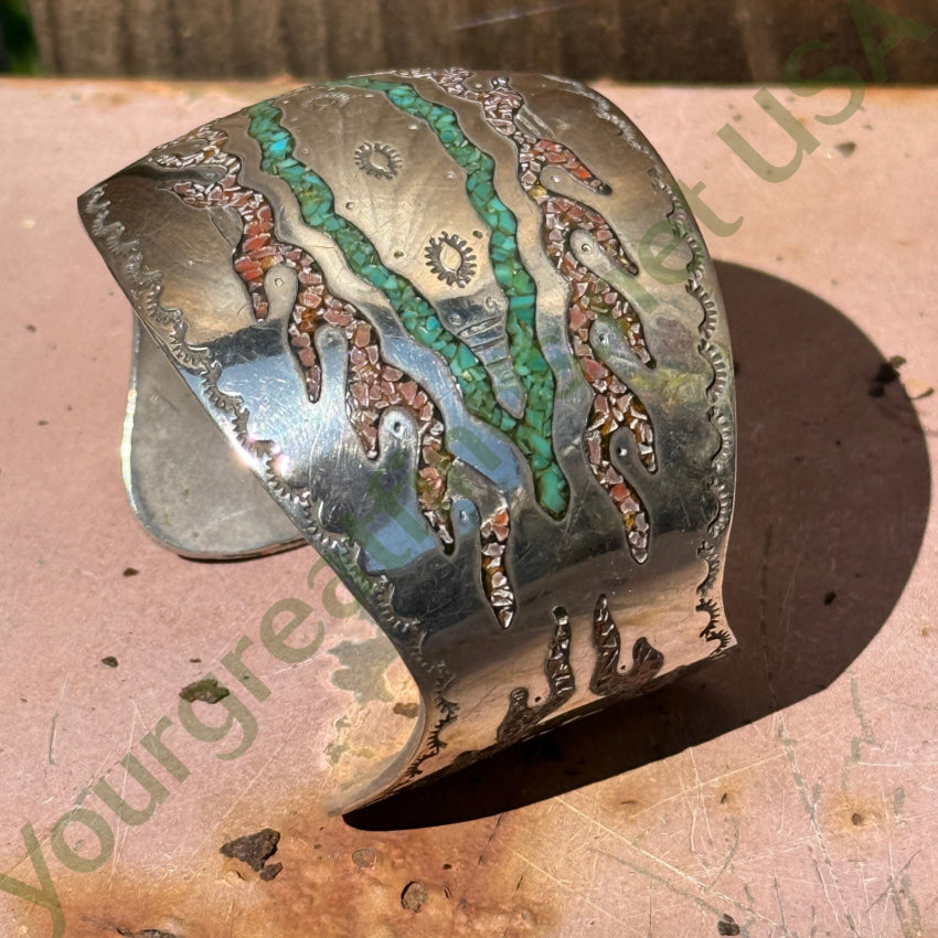Vintage Sterling Silver Turquoise Shiprock Mosaic Wide Cuff Bracelet bracelet