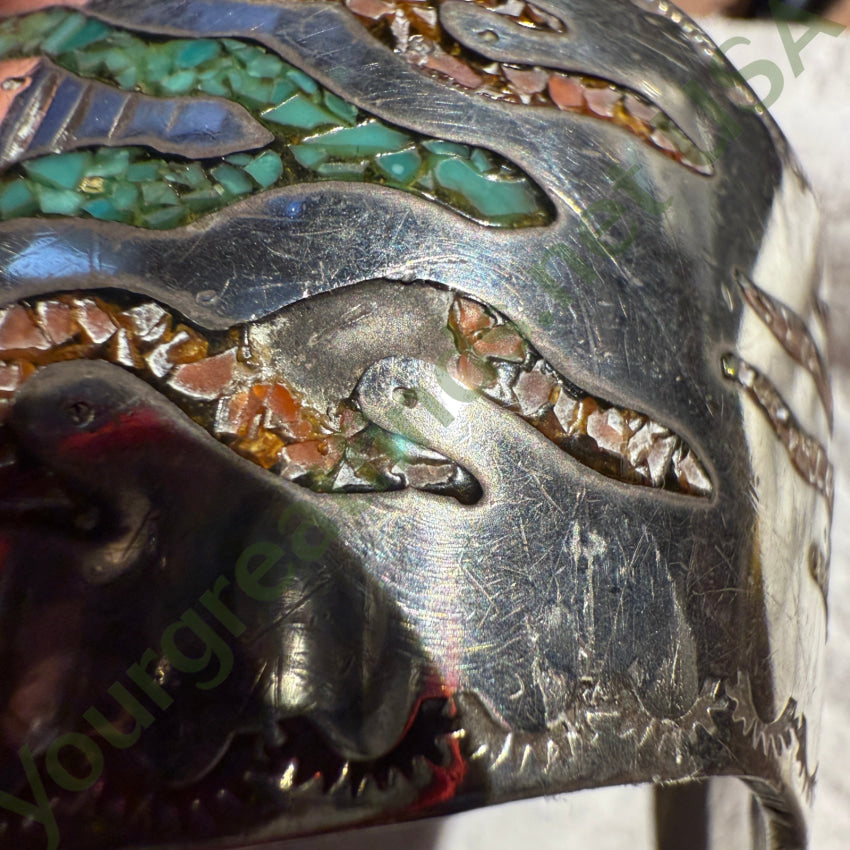 Vintage Sterling Silver Turquoise Shiprock Mosaic Wide Cuff Bracelet bracelet