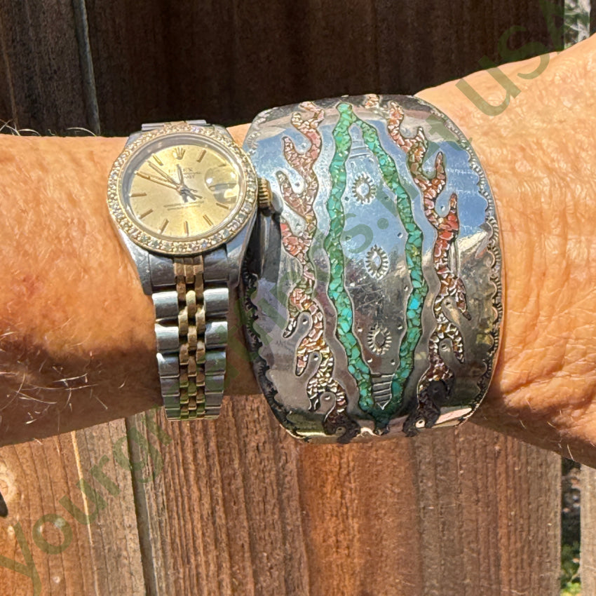 Vintage Sterling Silver Turquoise Shiprock Mosaic Wide Cuff Bracelet bracelet