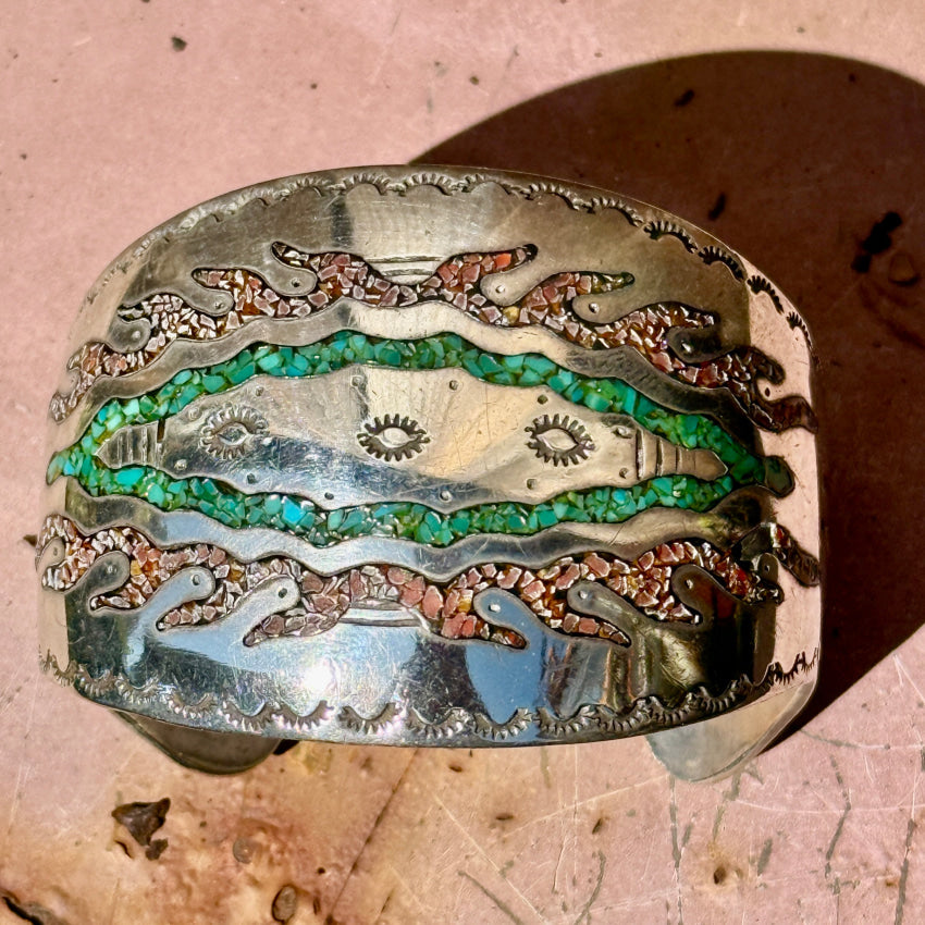 Vintage Sterling Silver Turquoise Shiprock Mosaic Wide Cuff Bracelet bracelet