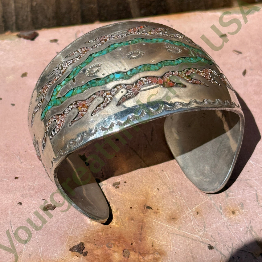 Vintage Sterling Silver Turquoise Shiprock Mosaic Wide Cuff Bracelet bracelet
