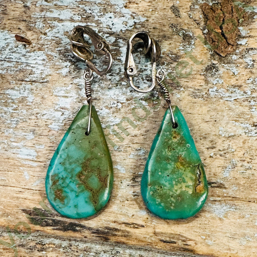 Vintage Sterling Silver Turquoise Tab Bead Clip On Earrings