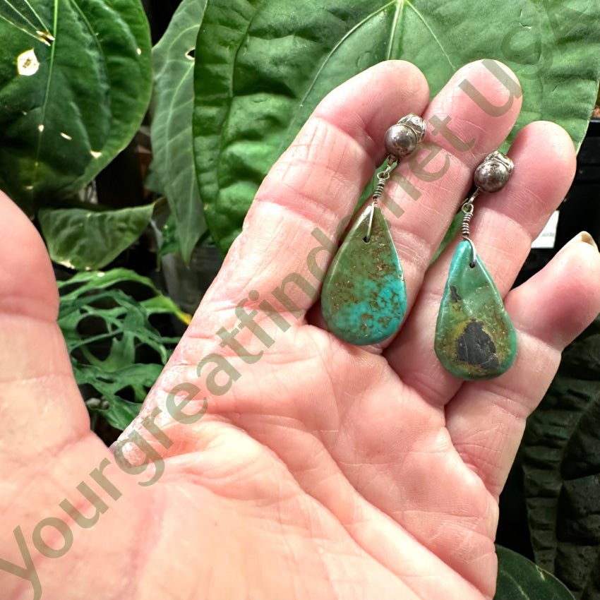 Vintage Sterling Silver Turquoise Tab Bead Clip On Earrings