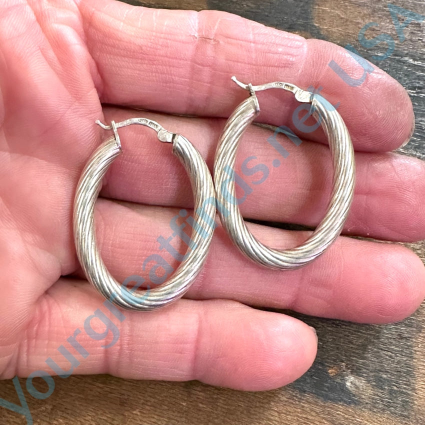 Vintage Sterling Silver Twist Reeded Oval Hoop Earrings