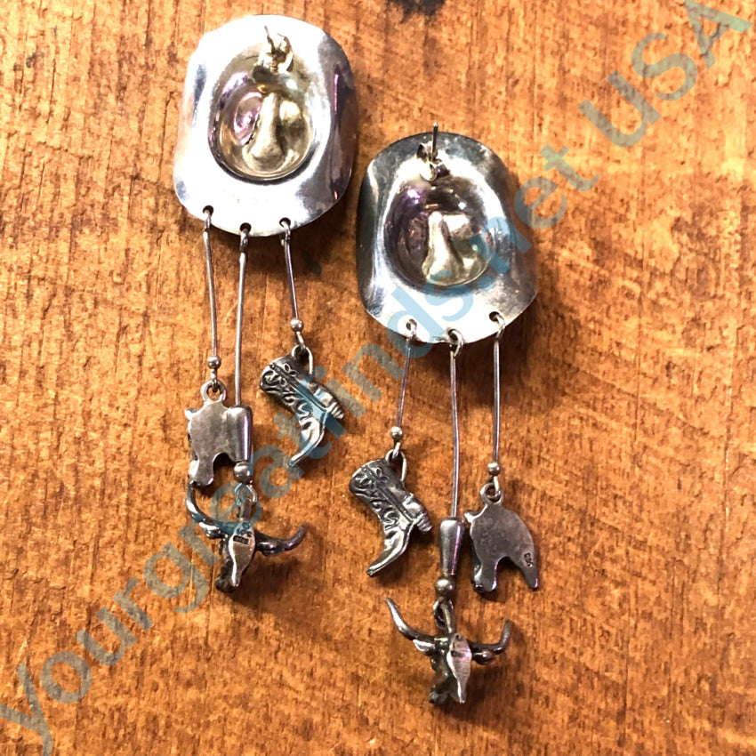 Vintage Sterling Silver Western Hat Charm Pierced Post Earrings Earrings